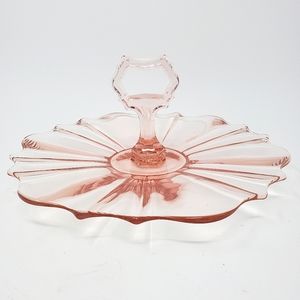 VTG Pink Depression Glass Ribbed Tray with Handle